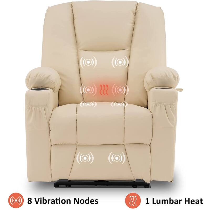 Mcombo Electric Power Recliner with Massage & Heat, Extended Footrest, 2 USB Ports, Side Pockets, Cup Holders, Faux Leather 8015