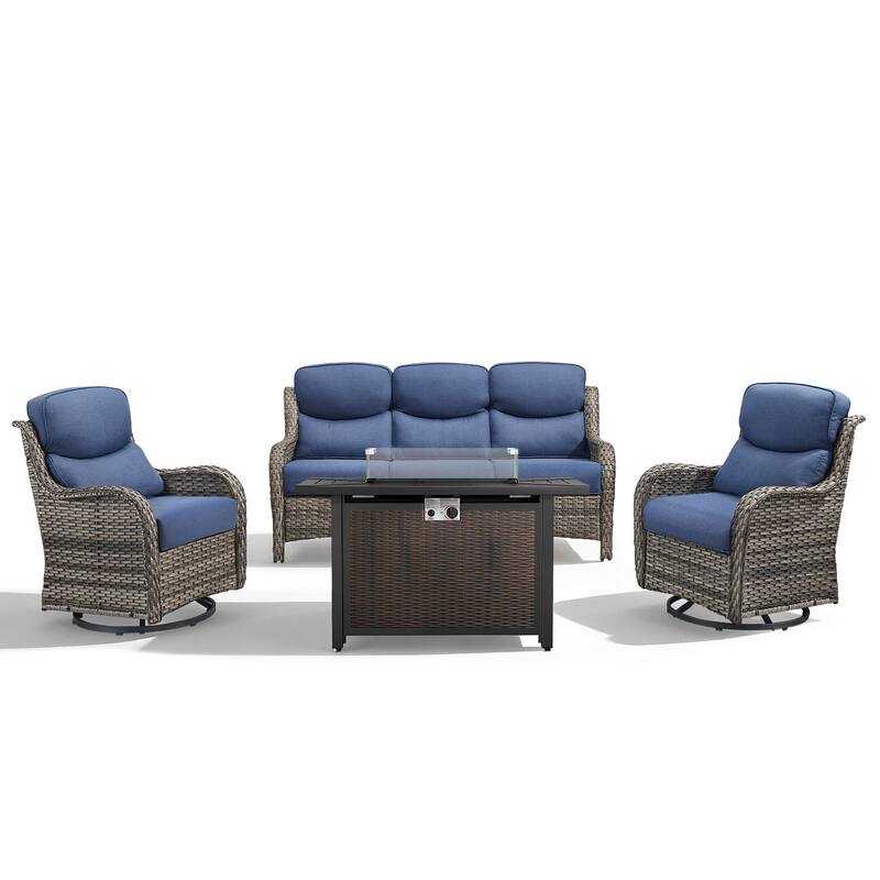 Meyreso 4-Piece Outdoor Patio Metal Fire Pit Wicker Conversation Set with 5-Inch Thick Olefin Cushions