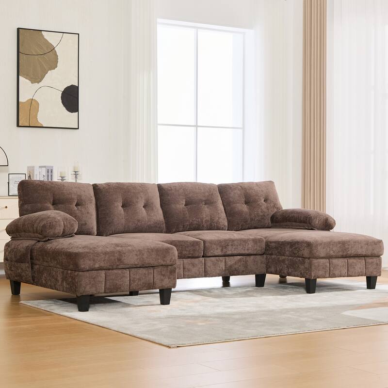 U-Shaped Modular Sectional Sofa with Dual Chaise Lounges, Chenille Fabric Cloud Couch with Storage Pockets & Armrest Pillows