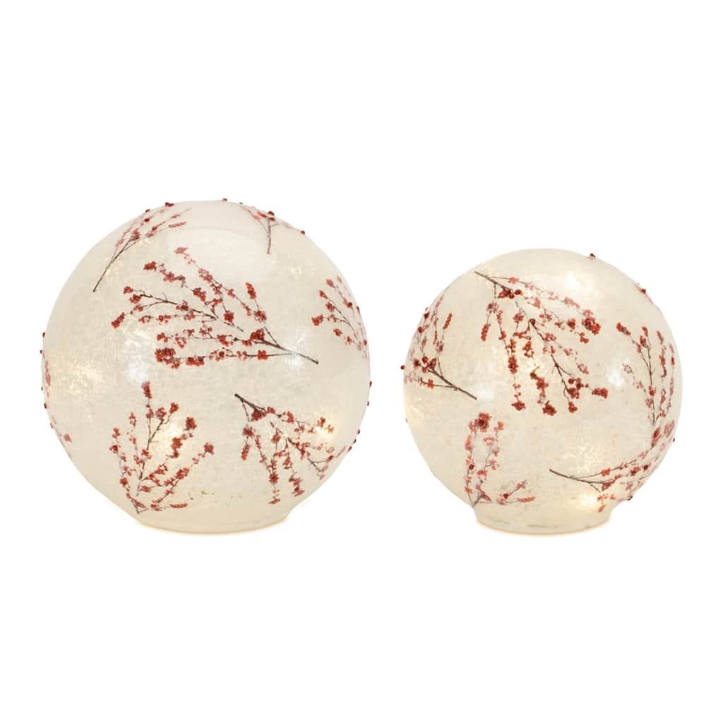 LED Lighted Frosted Berry Branch Christmas Globes - 7" - Set of 2