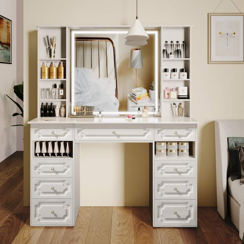 White/ Black Makeup Vanity with Lighted Mirror,Extra Large Vanity Desk with 9 Drawers,European Style Vanities
