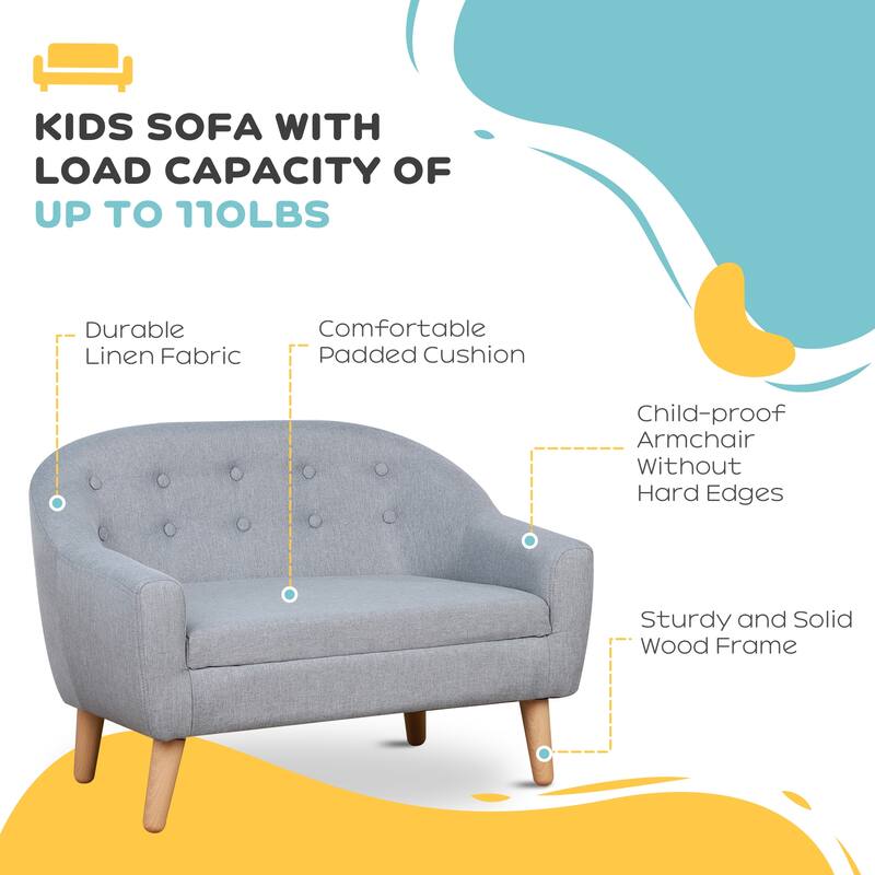 Kids Sofa for 2 Children Ages 3 to 7 Comfortable Upholstered Wooden Frame - 30" x 20" x 21"
