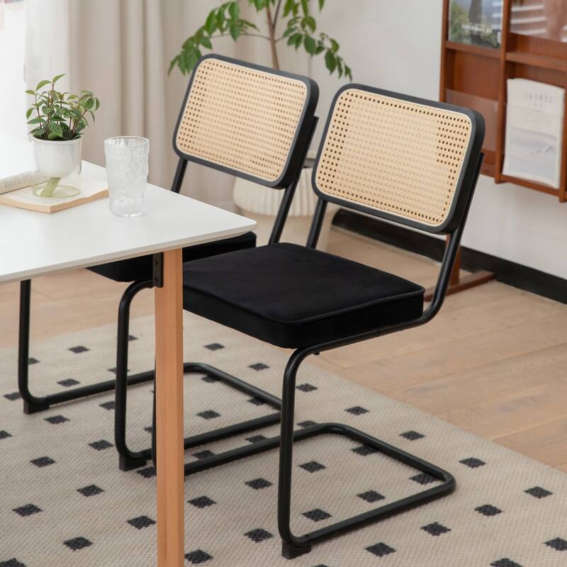 Dining Chairs Set of 2, Velvet Rattan Side Accent Chairs with Chrome Legs, Upholstered Dining Living Room Kitchen Chairs (2pcs)