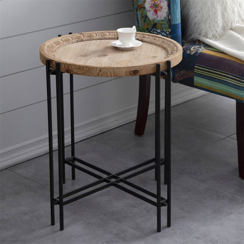 Round Side Table with Wood Top, End Table for Living Room Bedroom
