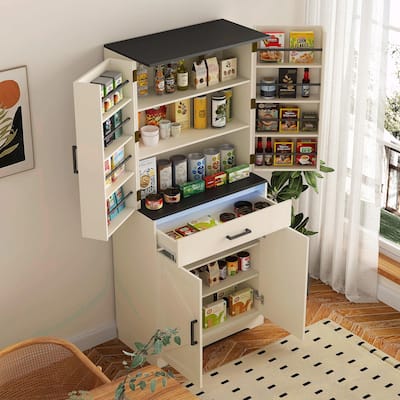 Modern Kitchen Pantry Cabinet with LEDs and Drawer