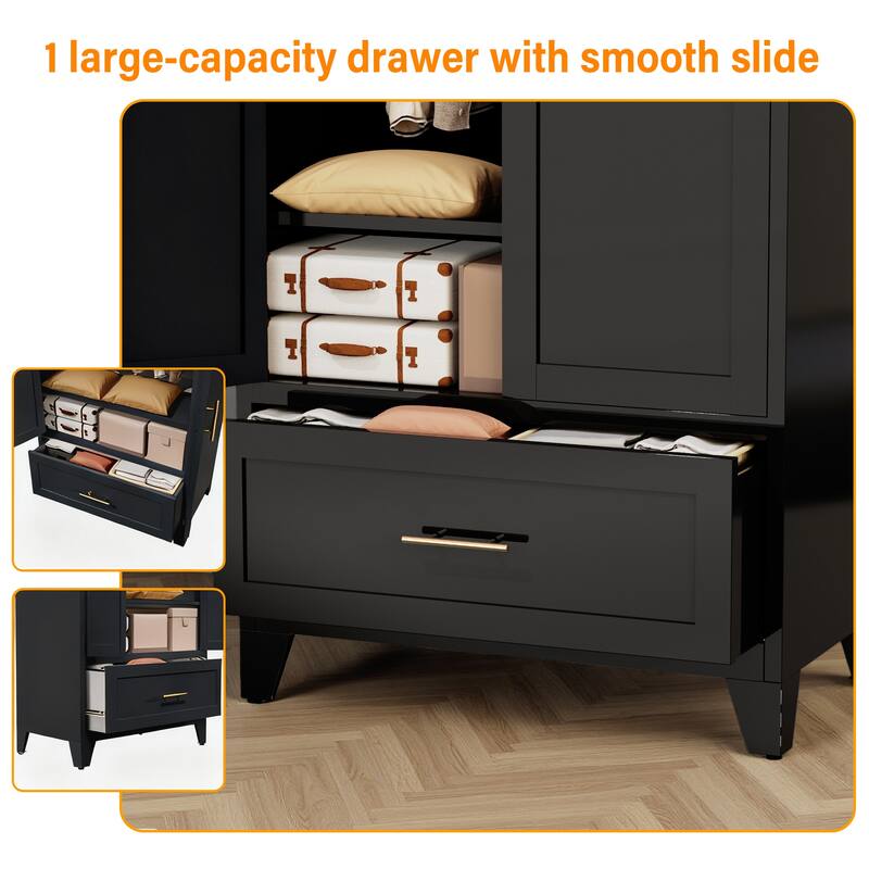 60" Tall Metal Wardrobe Cabinet with Drawer, Hanging Rod & Shelf, 2-Door Closet