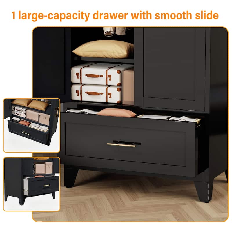 60 Inch Metal Wardrobe Cabinet with Drawer and Hanging Rod, 2 Door Steel Closet Storage with Shelf for Bedroom