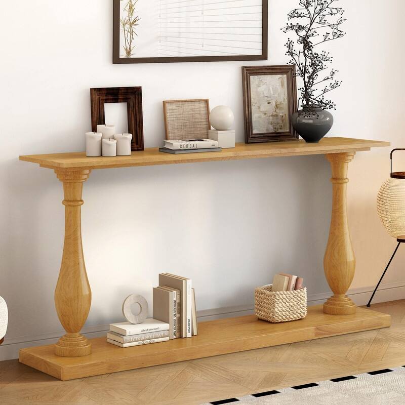 Vintage 63" Sofa Console Table with Solid Pine Legs for Living Room