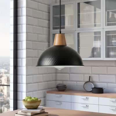 Industrial Farmhouse Pendant Light Fixture with Metal Shade and Faux Wood Grain Design