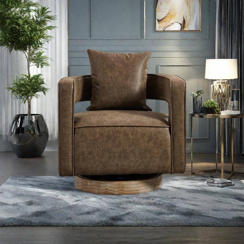 PU Leather Swivel Barrel Chair with Weathered Wood Base, 360° Rotation, and High-Density Foam Seat - Coffee