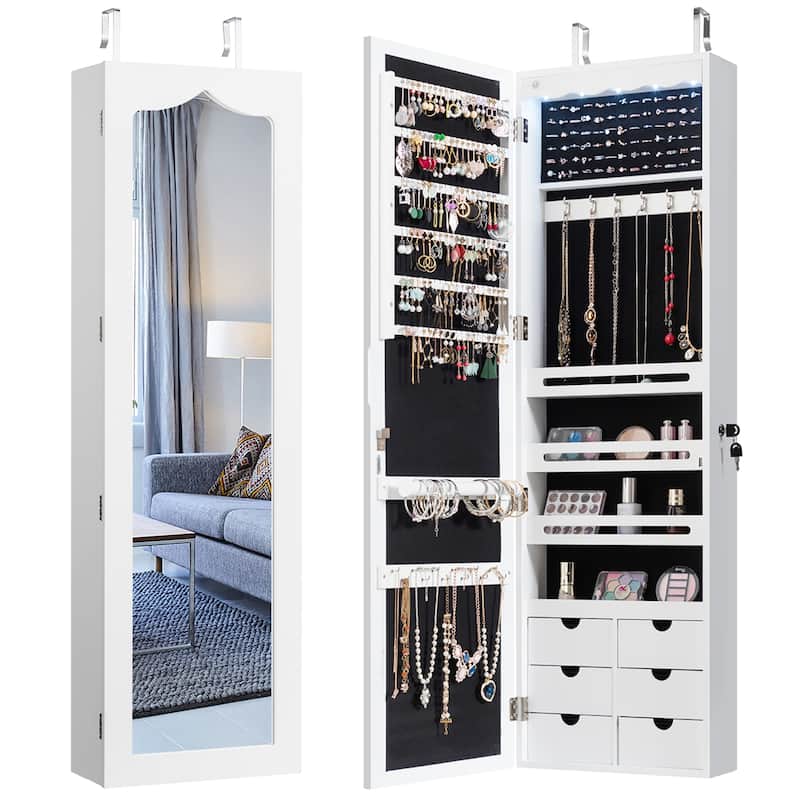 Wall Door Mounted LED Mirror Jewelry Cabinet Lockable Armoire