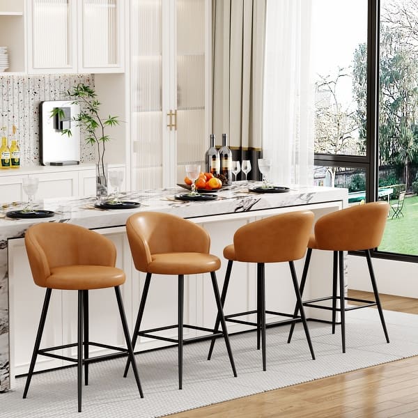 Upholstered Counter & Bar Stools With Metal Frame, Bar Chairs for Kitchen lsland with back and footrest - Bar Height - Brown - Set of 4