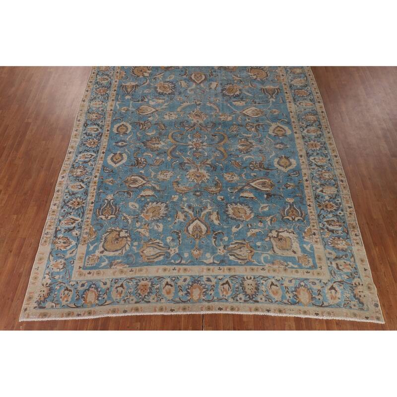 Light Blue Distressed Tabriz Persian Antique Rug Handmade Wool Carpet - 10'2" x 13'2"