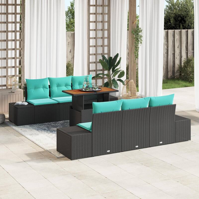 vidaXL 7 Piece Garden Sofa Set with Cushions Black Poly Rattan - 94.1×24.4×27.2