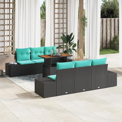 vidaXL 7 Piece Garden Sofa Set with Cushions Black Poly Rattan - 94.1×24.4×27.2