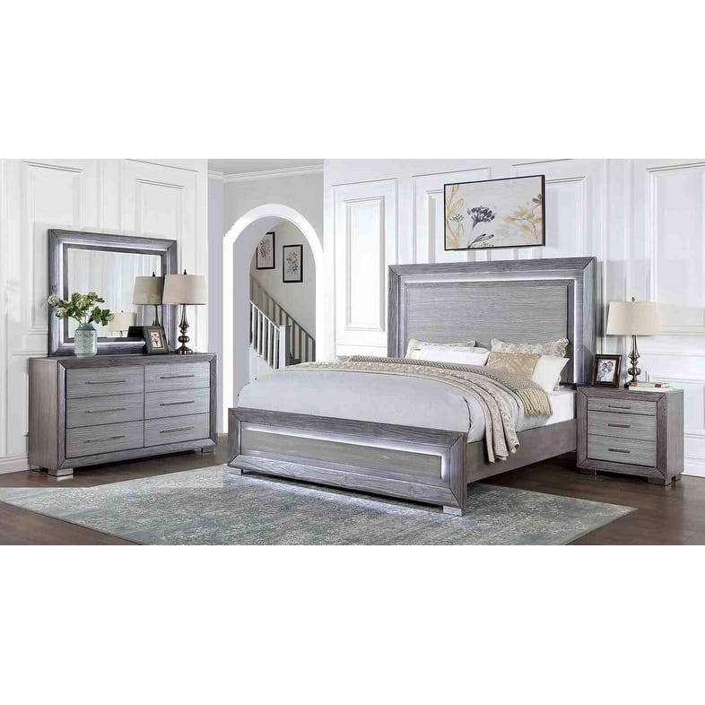 Transitional Gray Finish 4 Piece Bedroom Set with LED Headboard USB Nightstand