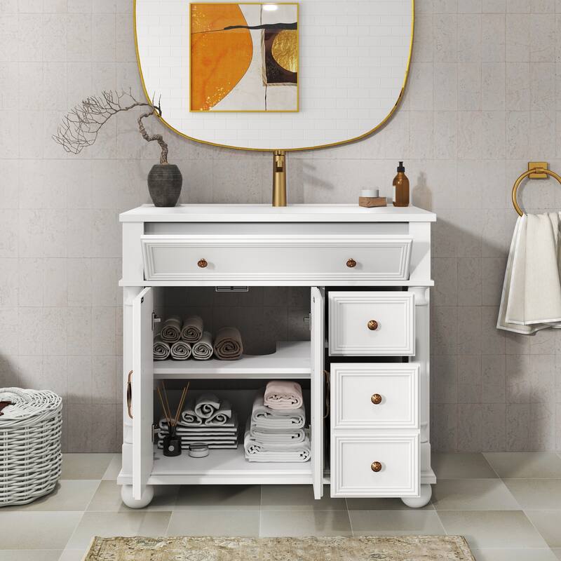 35.6-Inch Mid-Century Bathroom Vanity Sink with Roman Column Base, Farmhouse Freestanding Vanity Cabinet