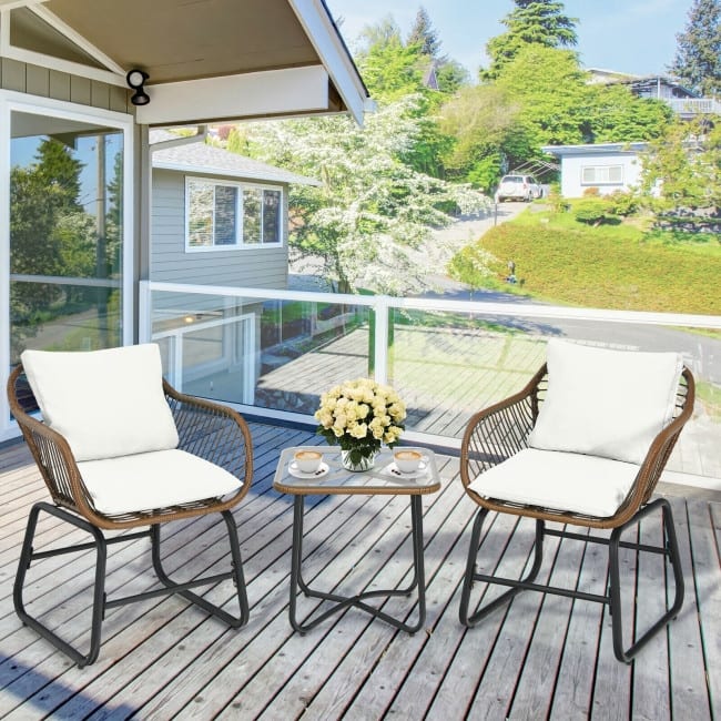 3 Pieces Patio Rattan Bistro Set Cushioned Chair Glass Table Deck - 22'' x 24.5'' x 31'' (L x W x H)