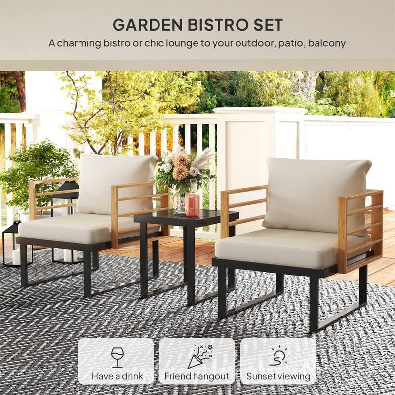 2-Seater Outdoor Table and Armchair Set with Comfortable Cushions and Protective Foot Pads - Table: 16.5" W x 16.5" D x 17.7" H