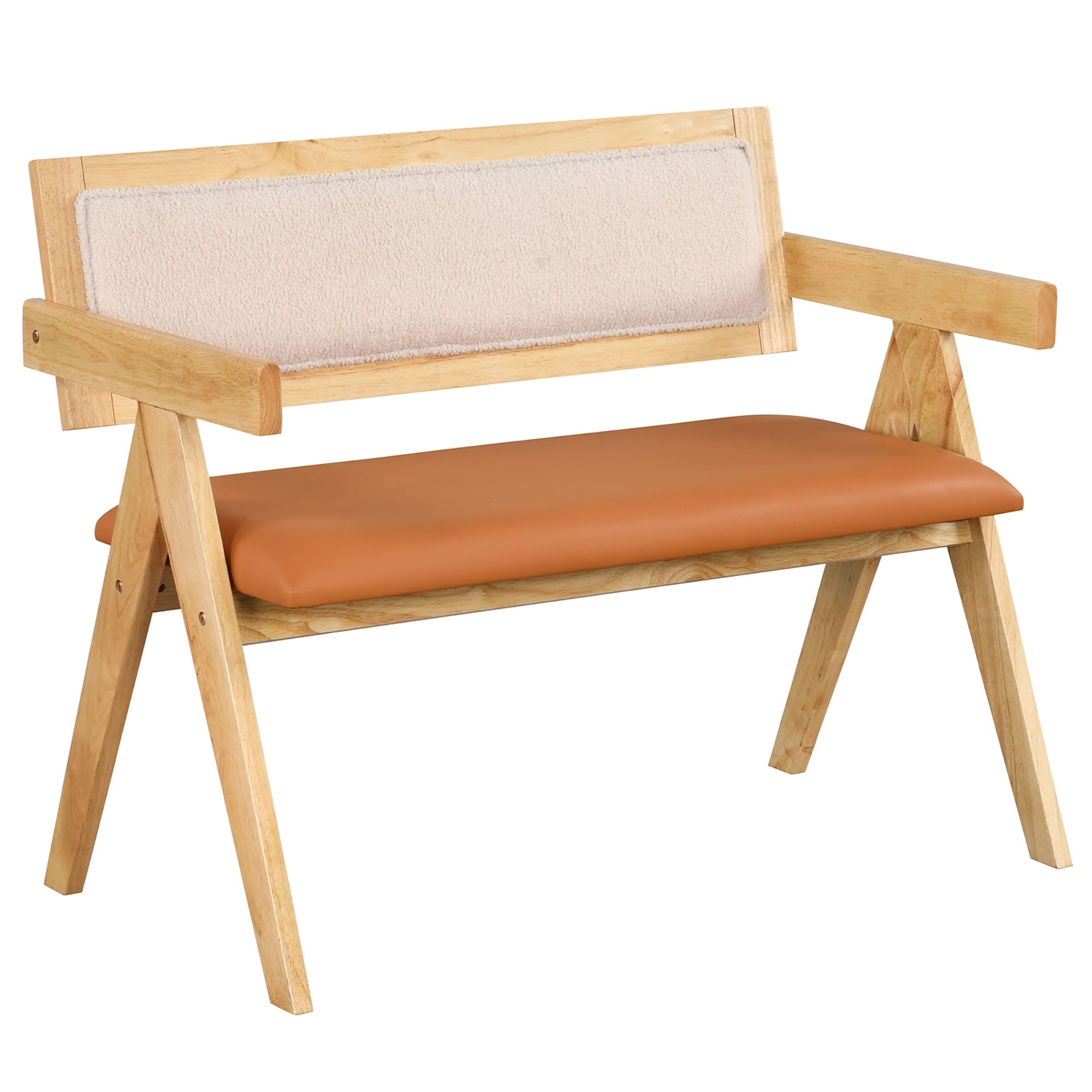 Gymax Rubber Wood Dining Bench w/Armrest Sherpa Upholstered Backrest