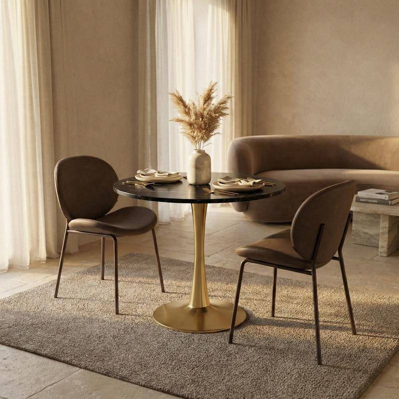 Bristol Minimalist Modern Round Dining Table with Solid Wood Top and Accent Gold Stainless Steel Base for Home or Kitchen
