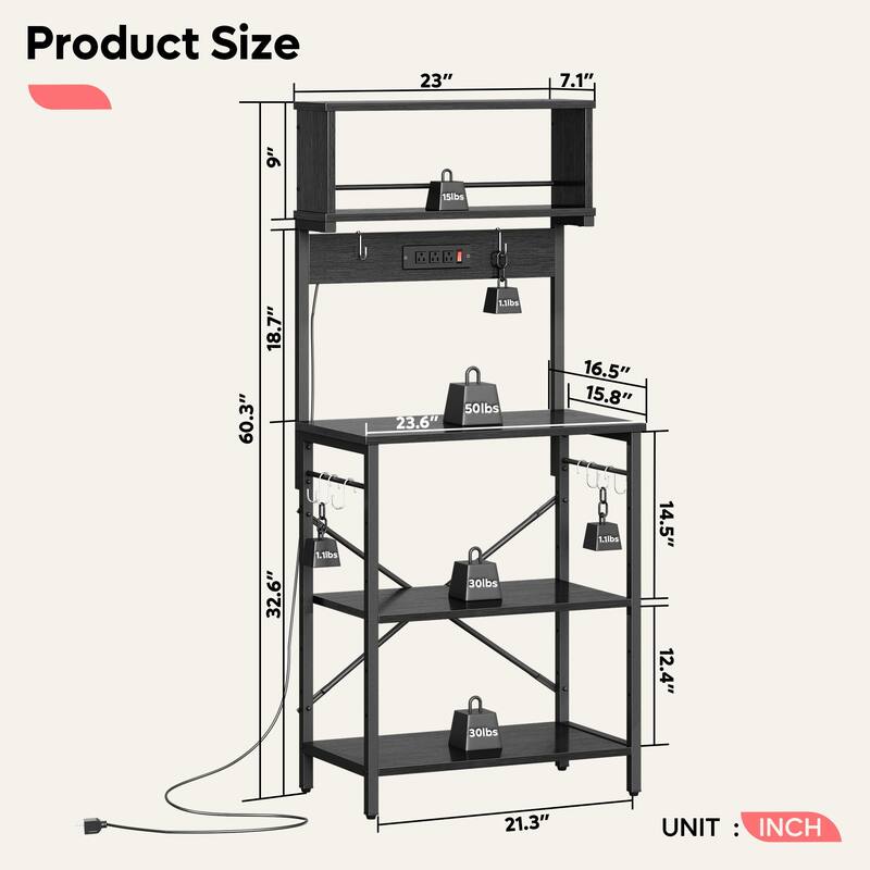 60 Inch Kitchen Baker's Rack with Hutch 8 Side Hooks