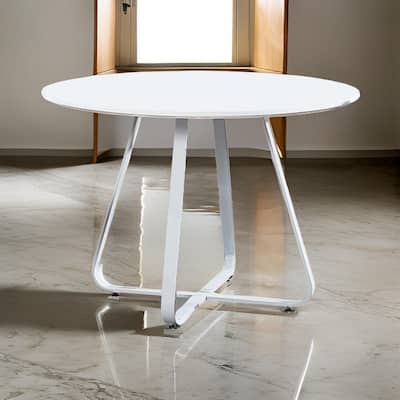 43 Inch Dining Table, Round High Gloss White Top and Angled Metal Legs