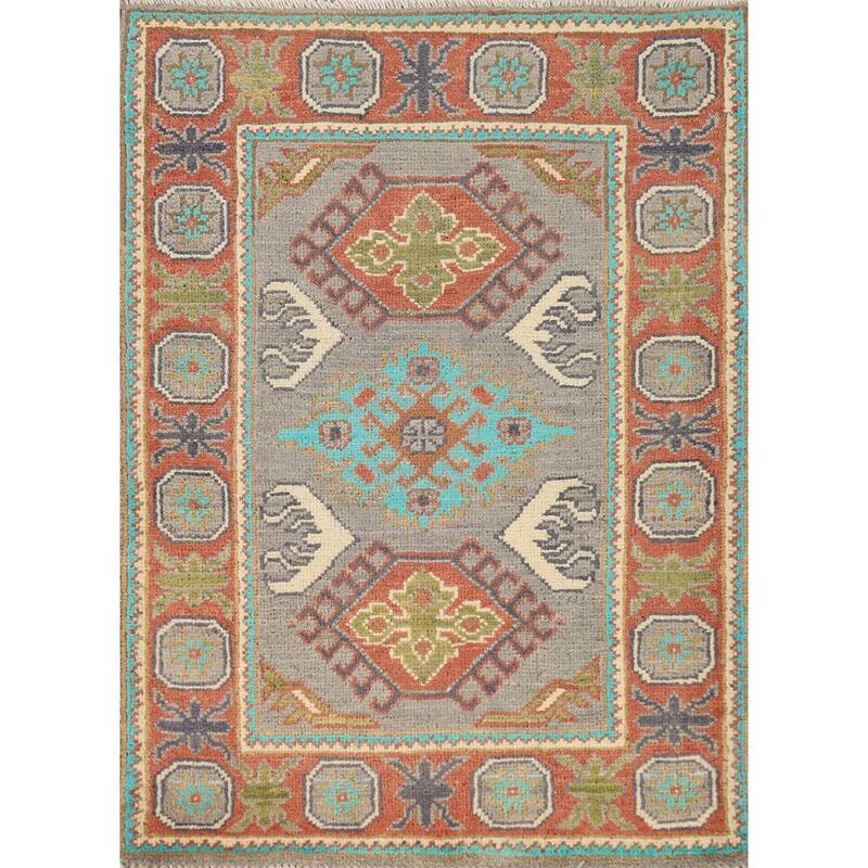 Gray Kazak Oriental Rug Hand-Knotted Traditional Wool Carpet - 2'0"x 3'0"