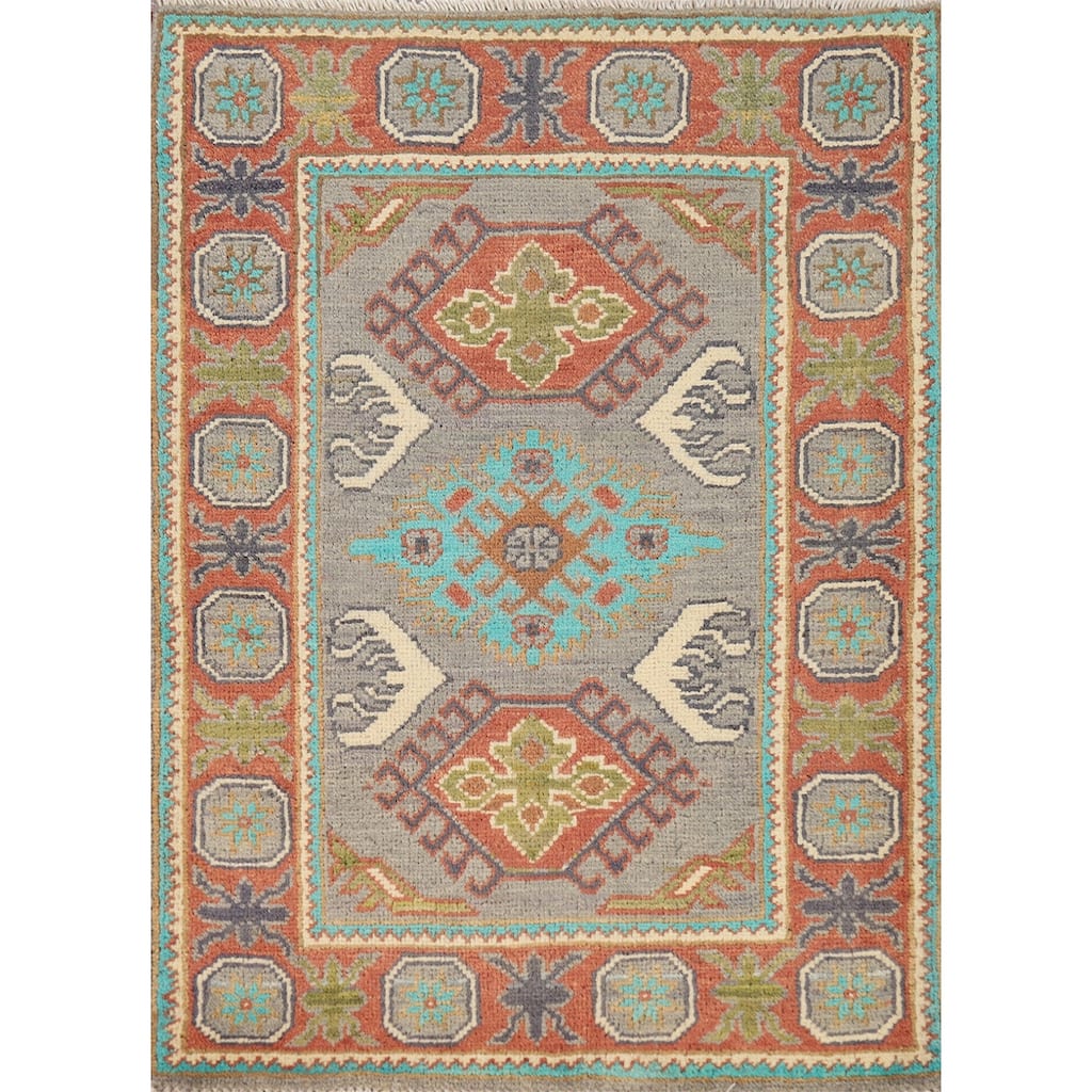 Gray Kazak Oriental Rug Hand-Knotted Traditional Wool Carpet - 2'0"x 3'0"