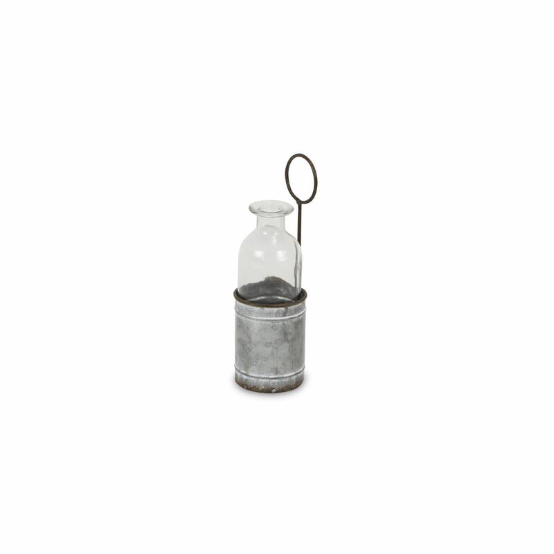 HomeRoots 8" Gray Galvanized Metal and Glass Jar Holder - 2.5" x H: 8" - 2.5" x H: 8" - Grey