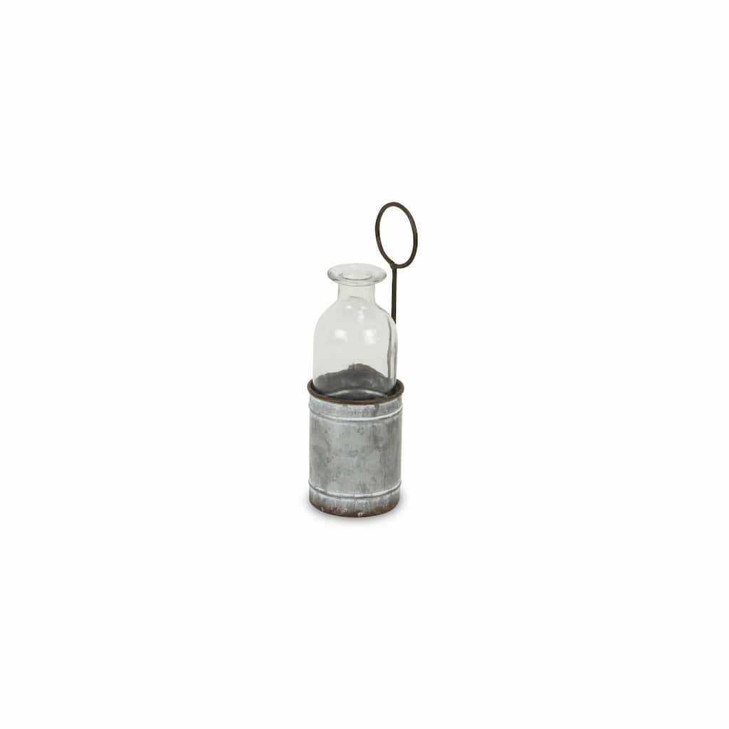 HomeRoots 8" Gray Galvanized Metal and Glass Jar Holder - 2.5" x H: 8"