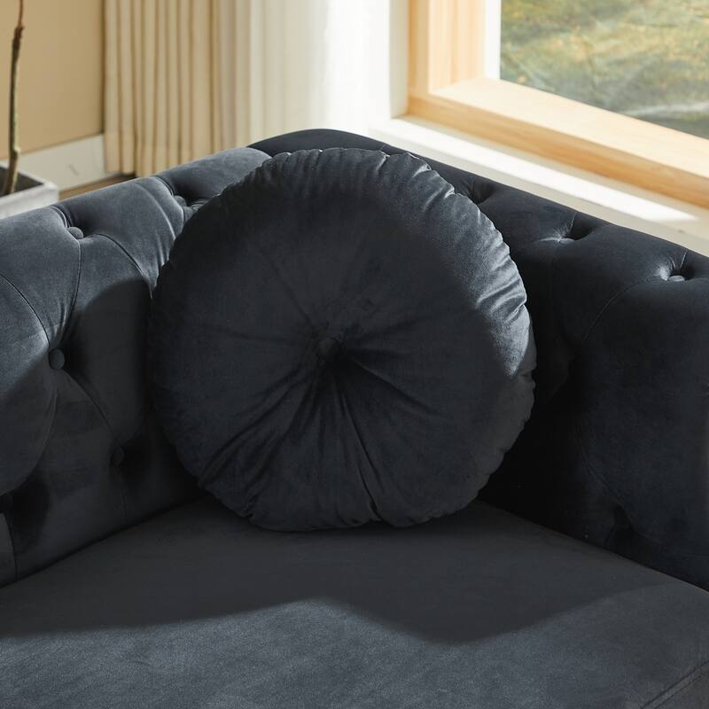 Chesterfield Sofa with Two Round Pillows, Featuring Copper Stud Detailing and Tufted Button Accents