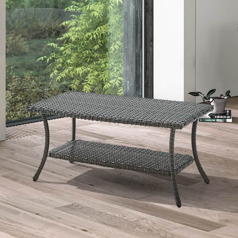 Pocassy Outdoor Wicker Coffee Table with 2-Tier Storage Shelf Brown