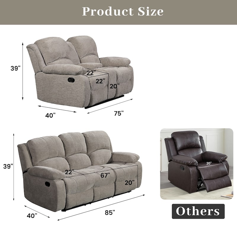 2PC Soft Microfiber Manual Reclining Sofa Set, Drop Down Table, Cupholder Console, Living Room Set