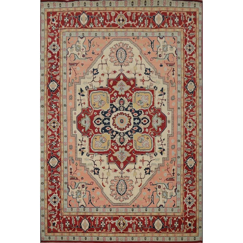 Hand Knotted Oriental 100% Wool Carpet Traditional Medallion Beige & Ivories Heriz (serapi) Area Rug - 10' 1'' X 8' 2''