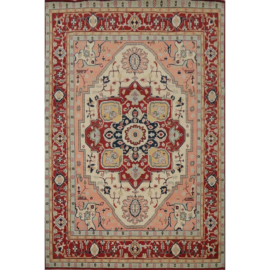 Hand Knotted Oriental 100% Wool Carpet Traditional Medallion Beige & Ivories Heriz (serapi) Area Rug - 10' 1'' X 8' 2''