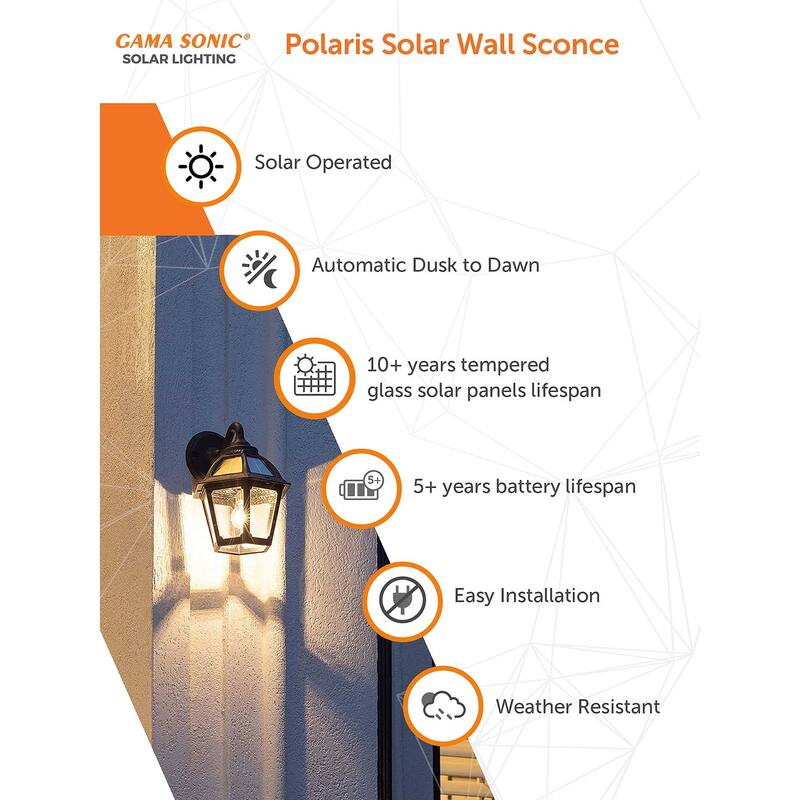 Polaris Black Solar Warm White LED Wall Sconce for Garage and Patio