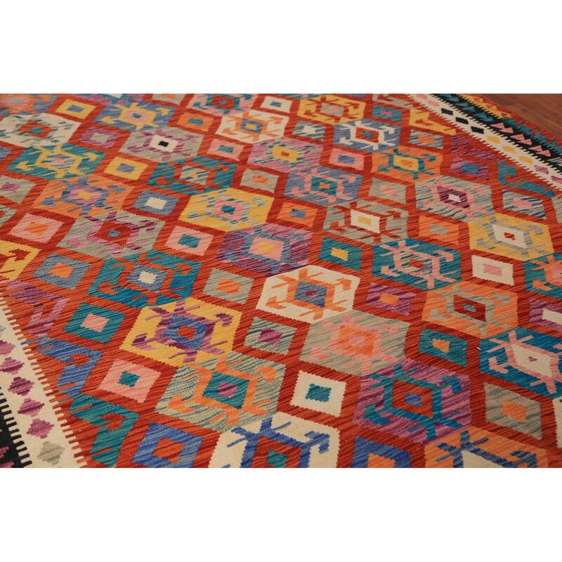 Geometric Kilim Reversible Area Rug Hand-Woven Tribal Wool Carpet - 8'3"x 11'5"