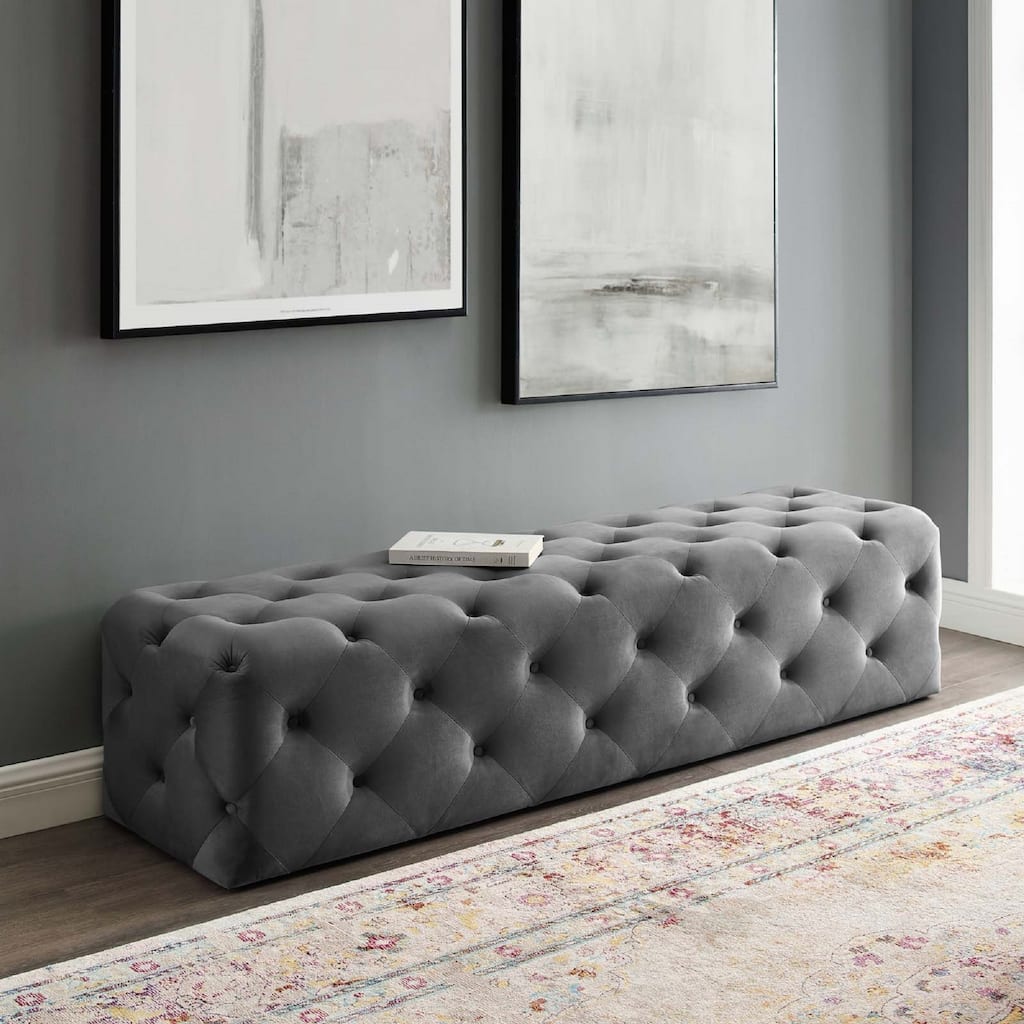 Amour Tufted Performance Velvet 72" Upholstered Entryway Bench, Gray