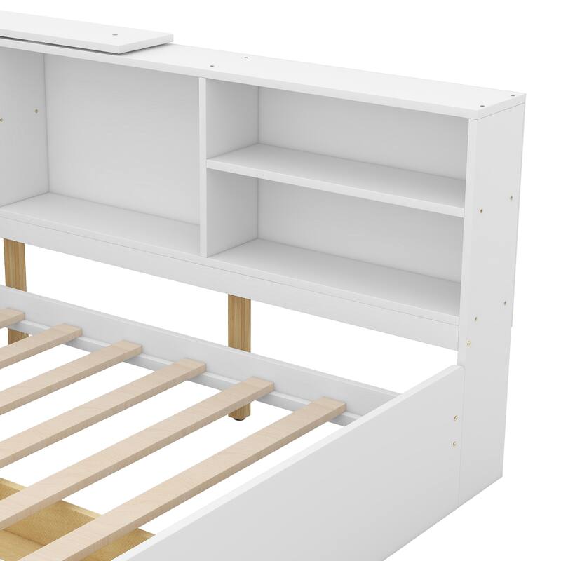 Wood Twin Size platform bed with Storage Headboard, Shelves and 2 Drawers