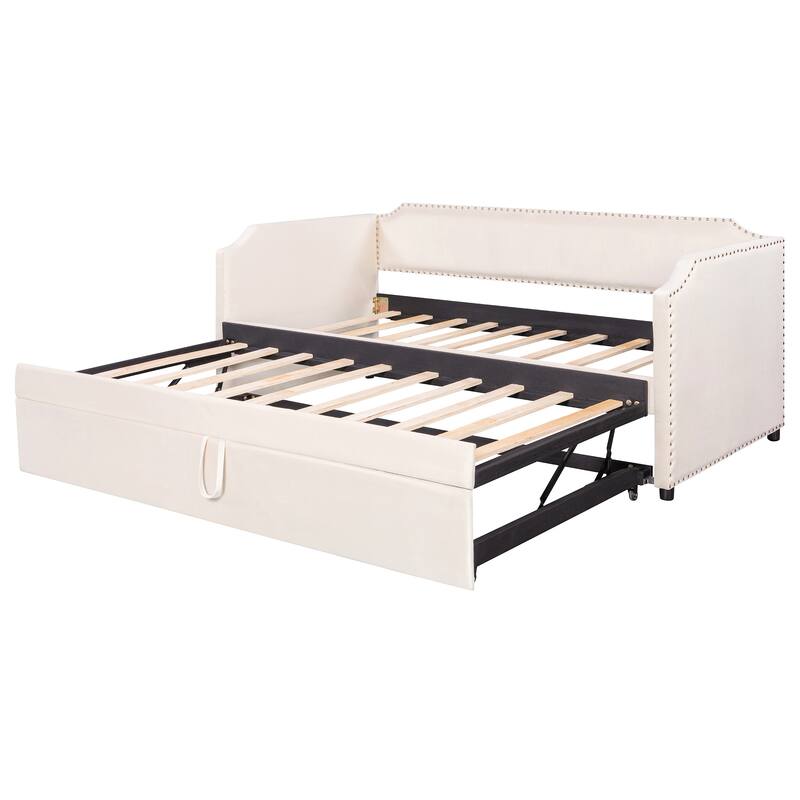 Upholstered Daybed Twin Size Daybed with Pull-Out Lift-Up Trundle and Nailhead Trim Armrest Velvet for Bedroom Apartment