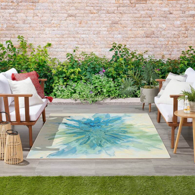 Nourison Color Splash Indoor/Outdoor Blue Abstract Area Rug - Ivory/Blue - 5'3" x 7'3"