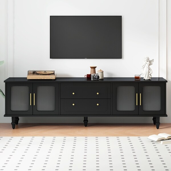 Black TV Stand Media Console Table with Fluted Glass Doors 2 Drawers 69.60 x 15.70 x 21.80 Bed Bath Beyond 40737111