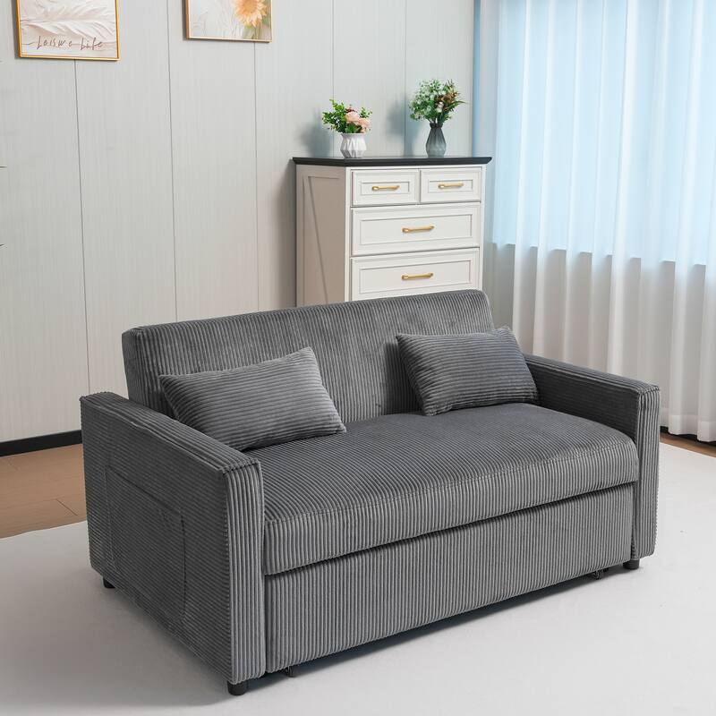 Convertible Sofa Bed 3-in-1 Sleeper Sofa Pull-Out Bed with Adjustable Backrest and Pillows, Corduroy Loveseat for Living Room
