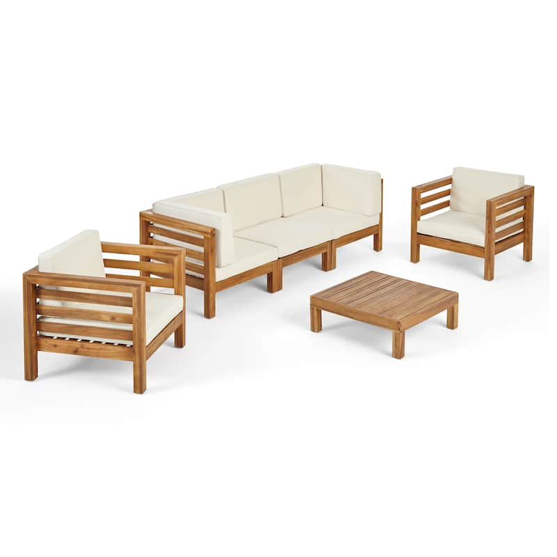 Oana Outdoor 5-seat Acacia Sofa and Club Chair Chat Set by Christopher Knight Home - Teak Finish + Beige