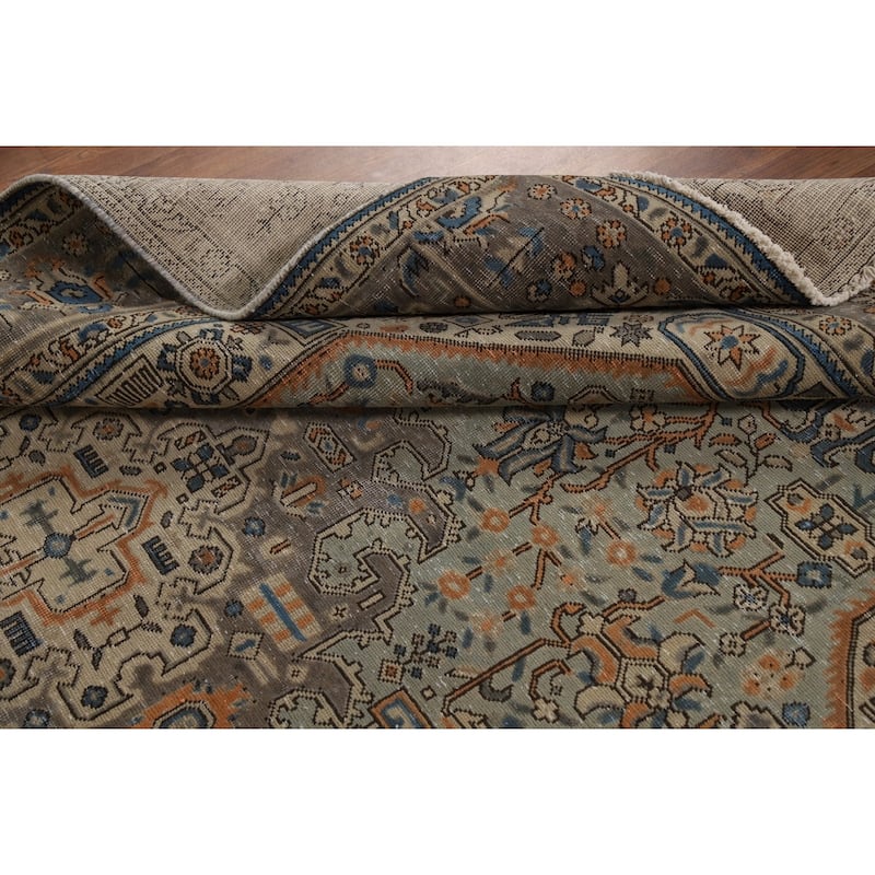 Green Geometric Tabriz Persian Area Rug Hand-Knotted Wool Carpet - 6'6"x 9'7"