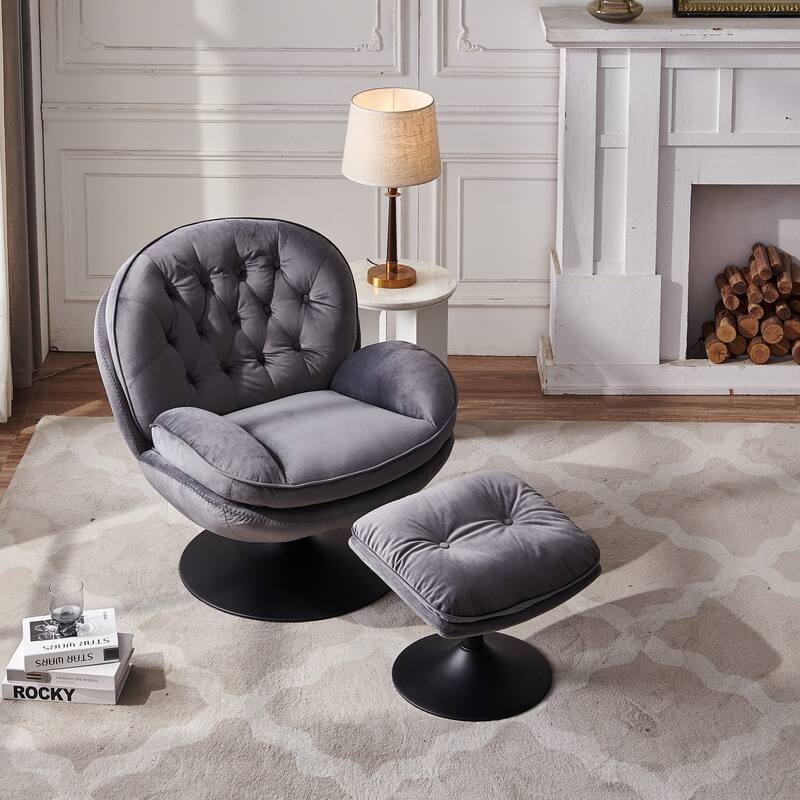 Swivel Leisure Chair Velvet Upholstered Lounge Chair Comfortable Deep Buttons Backrests Chair with Ottoman - Gray