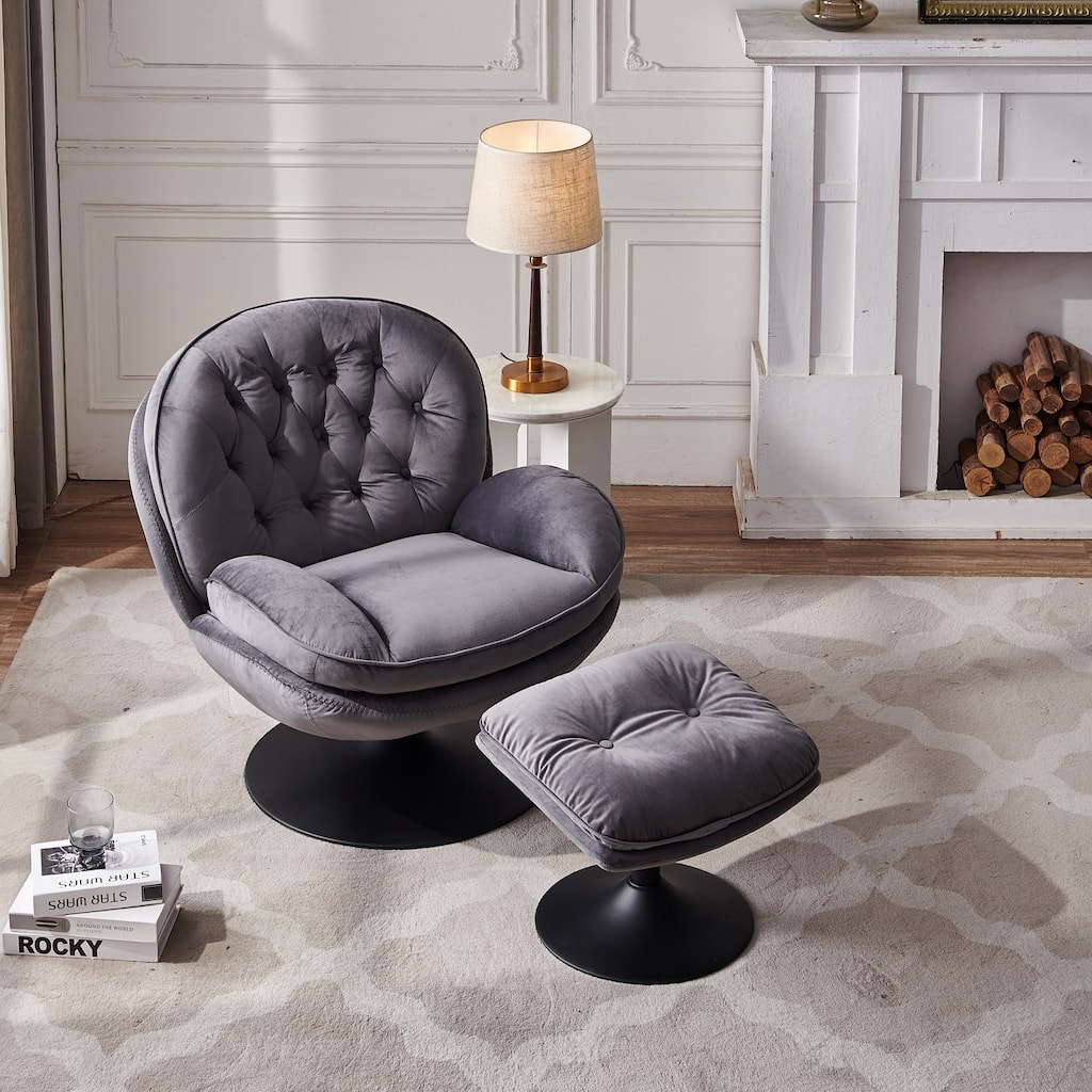 Velvet Upholstered Swivel Leisure Chair Comfortable Pillow Top Arms Lounge Chair with Ottoman and Metal Frame
