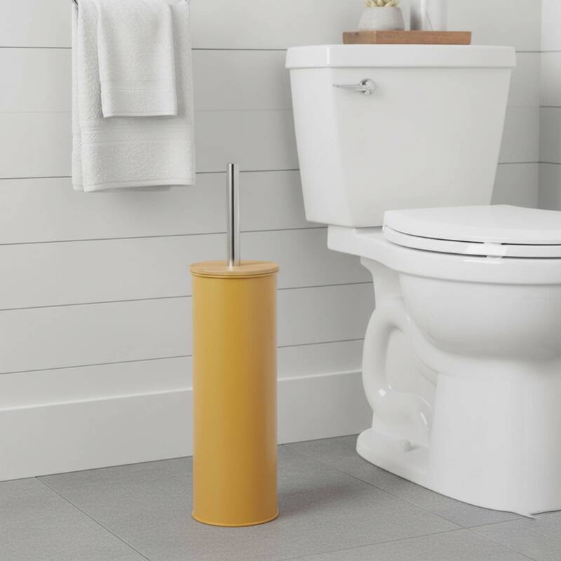Metal Toilet Brush and Holder Set With Bamboo Lid