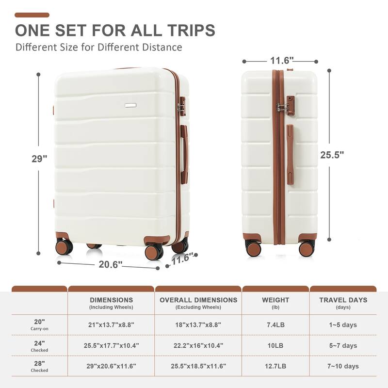 Premium ABS Travel Luggage Set , 3-Piece TSA Lock Suitcase Ensemble with 20, 24, and 28 Inch Sizes with 360° Spinner Wheels - Beige+Brown
